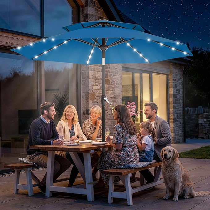AreShark 9ft 2 Tiers Patio Umbrella with Solar Lights, Outdoor Umbrella w/ 32 LED Lights&8 Sturdy Ribs, Table Umbrella for Deck, Backyard, Pool(Royal Blue)