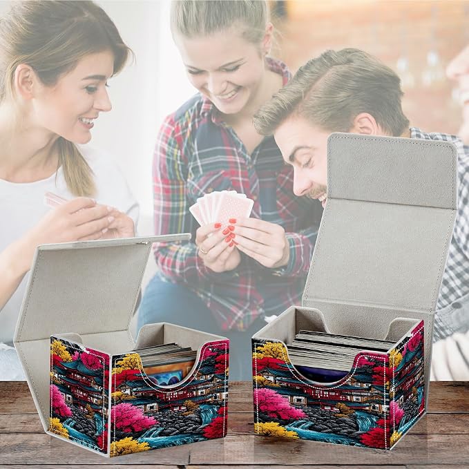 Card Deck Box for MTG, Cards Storage Box Fits 120+ Sleeved, Leather Small Size Strong Magnetic Closing Card Case for Board Games Magic TCG CCG Baseball Collection, Pink Leaf House