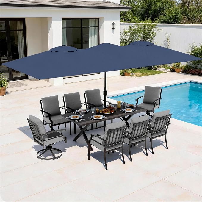 10 Piece Outdoor Dining Set for 8, Patio Table and Chairs Set with Umbrella, Metal Patio Furniture Set with 2 Swivel Chairs, Outdoor Table and Chairs with Cushions for Lawn, Garden, Yard-Grey