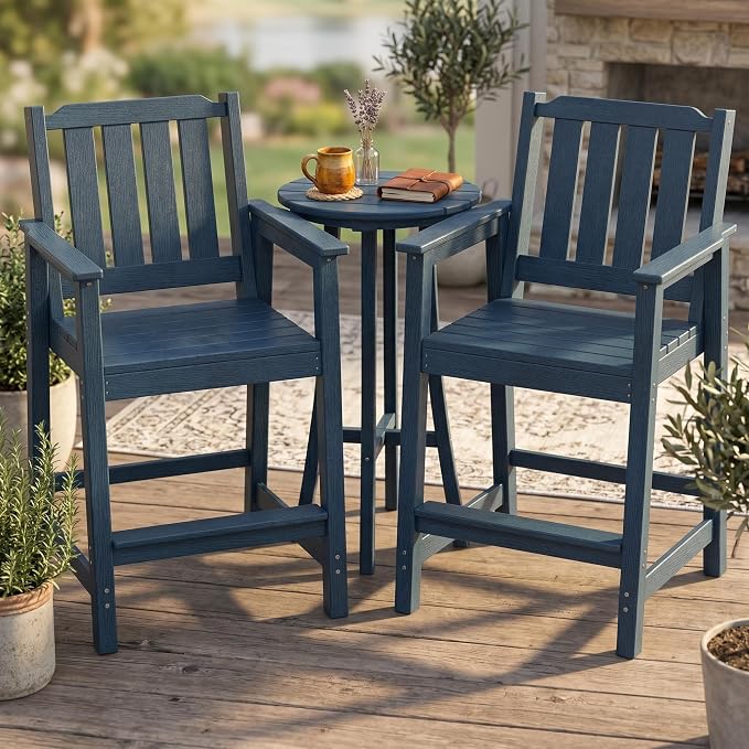 Takywep Set of 2 HDPE Wood Grain Outdoor Bar Stools, 27.7" High Counter Height Chairs with Armrests and Back, Weatherproof Pub Seating for Patio, Balcony, Garden, Deck, Backyard, Navy Blue