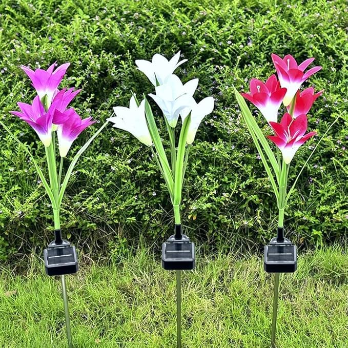 ANGMLN 4 Pack Solar Flower Lights,16 Bigger Head Solar Lily Flowers, 7 Color Changing Pathway Lights for Garden Patio Yard Outdoor Garden Stake Decoration (Purple2&White1&Pink1)