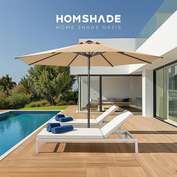 HOMSHADE 9ft Outdoor Patio Umbrella - Market Table Pool Deck Umbrella UPF50+ UV Protection with Push Button Tilt, Crank and 8 Sturdy Ribs (Beige, No base)