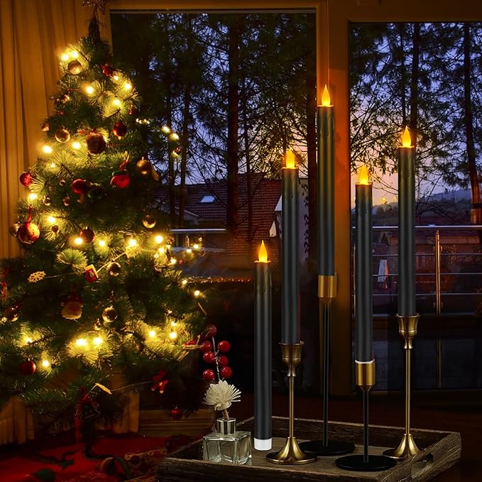 wemarry Flameless Taper Candles 10.6" Dripless Battery Operated Taper Candles Included Remote Timer 400+ Hours by 2AA Batteries for Halloween Christmas Wedding (Black, 6 Pack)