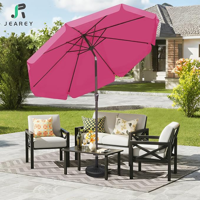 JEAREY 9 FT Patio Umbrella Outdoor, Table Umbrellas Market Umbrella w/Push Button Tilt/Crank, 8 Sturdy Ribs(Rose Pink)