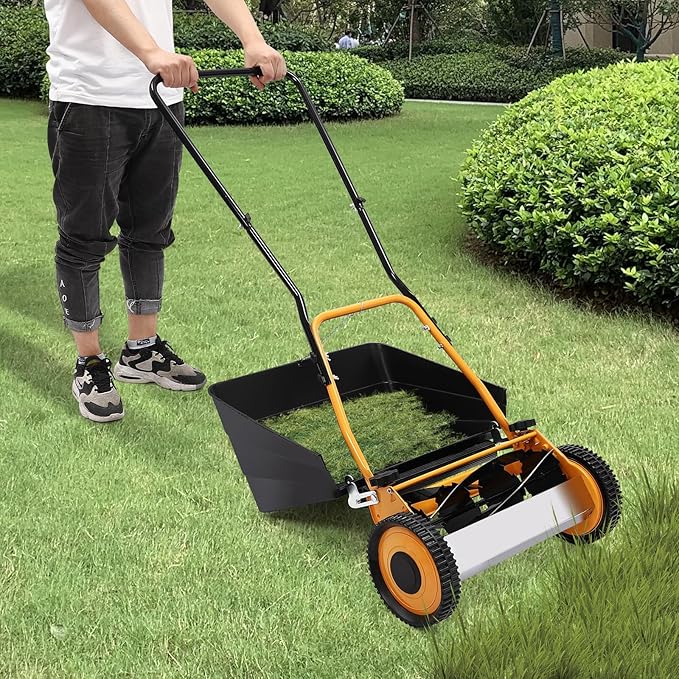 14 Inch Manual Lawn Mower, 4-Blade Reel Lawn Mower with Grass Catcher, Adjustable Cutting Height Lawn Mowers, Push Lawn Sweeper for Lawn Yard Garden Bush