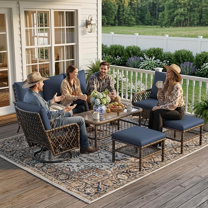 AECOJOY Patio Furniture Set Outdoor Sectional Sofa Couch and High Back Swivel Rocker Patio Chairs 6PCS Brown Wicker Conversation Set (6PCS- Whole Set, Dark Blue)