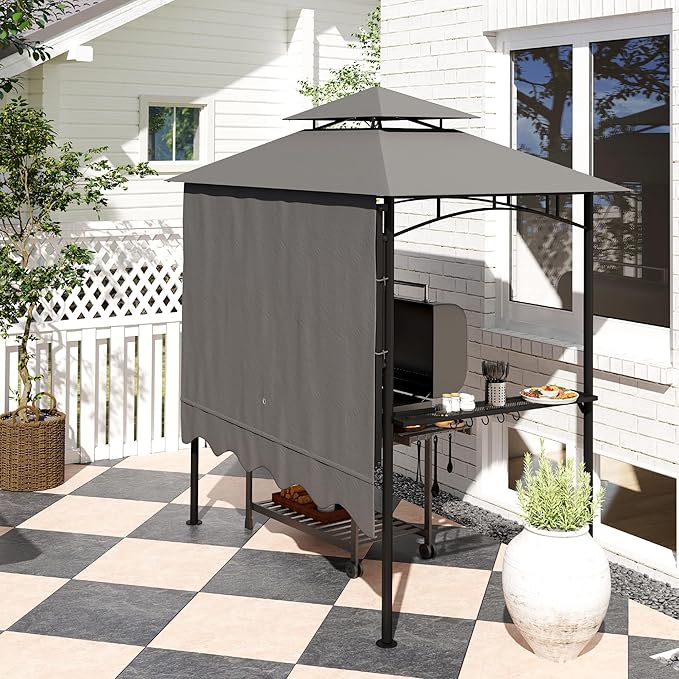 Outsunny 8' x 7.6' Grill Gazebo, Double Tiered Outdoor BBQ Gazebo with Side Awning, 2 Side Shelves and 6 Hooks for Patio, Deck, Yard, Dark Gray