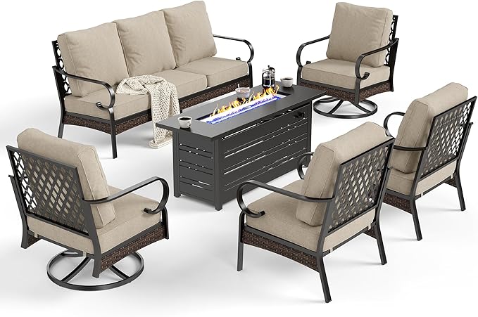 SUNSHINE VALLEY 6 Piece Metal Outdoor Patio Furniture Sets with Firepit Table, Patio Conversation Sets 1 3-Seater Sofa, 2 Leg Chair and 2 Swivel Chair with 5.75" Cushion for Backyard Deck, Beige