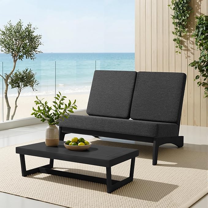 UIXE 8 Pieces All Weather Black Wood Patio Furniture Sets, 2 Patio Loveseat, 4 Patio Bistro Chair, Outdoor Sectional Sofa Furniture Backyard Conversation Set with Coffee Table - Dark Gray