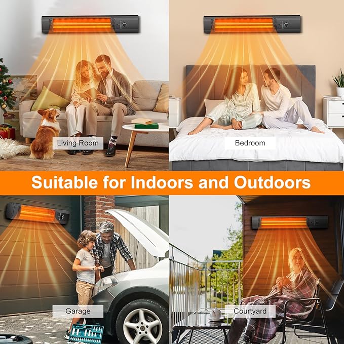 Outdoor Patio Heater with 9 Heat Levels,Wall Mounted Space Heater for Garage Backyard Room Indoor,1500W Fast Electric Infrared Heater with Remote Control,9H Timers,Waterproof,Child Lock