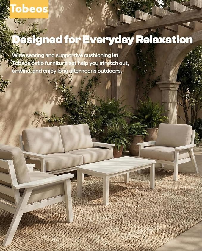 HDPE Patio Furniture Set 10 Seats, Outdoor Couch with Washable Thick Beige Cushions & Coffee Table & Side Table, Outdoor Sectional Furniture for Backyard, Deck, Lawn, Porch (White Frame)