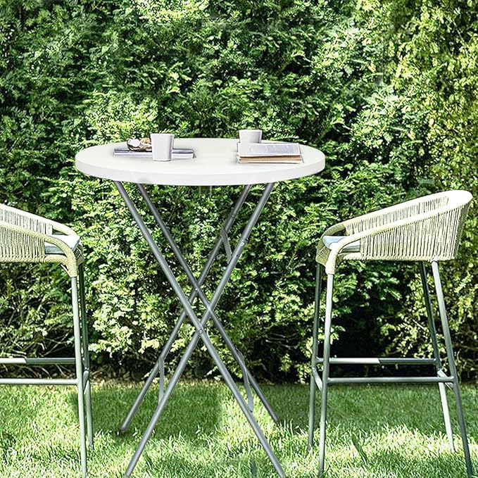 32in Cocktail Table, Plastic Folding Round High Top Indoor Outdoor Use, Foldable Bar Height Table for Parties and Commercial Events (White)