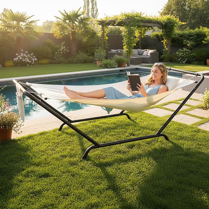 ONCLOUD Iron Hammock with Stand, Hammock Stand with Double-Layer Oxford Cloth Hammock, Portable Heavy-Duty Hammock for Outdoors, Garden, Patio, Yard, 550lbs (Beige)