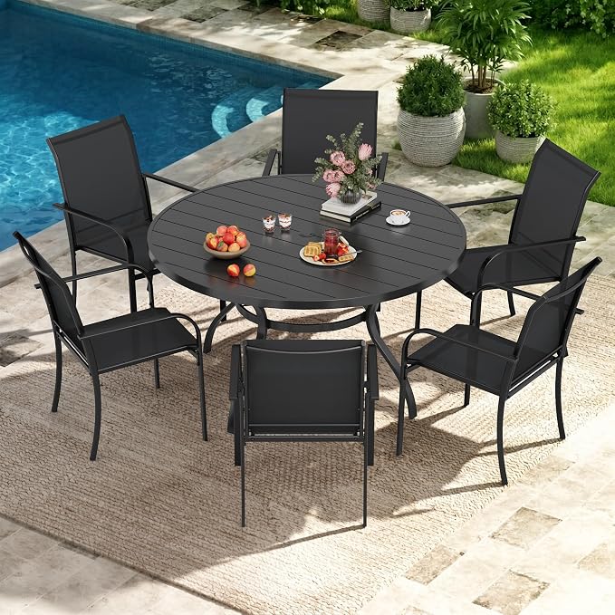 Incbruce 7 PCS Patio Dining Set, Outdoor Dining Set of 6 Textilene Chairs and 53" Round Table with Umbrella Hole for Backyard, Garden, and Poolside (Black)