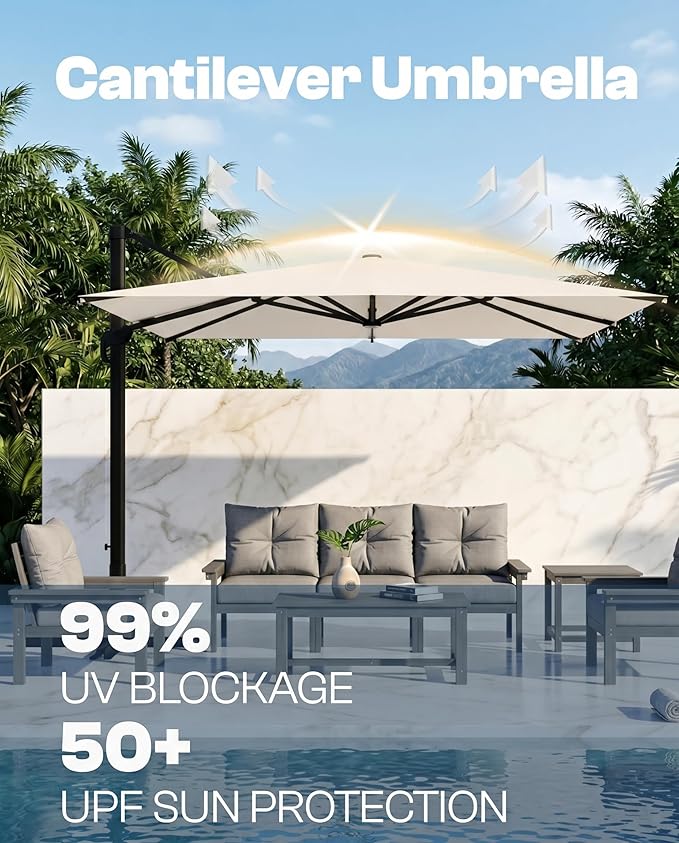 9x9 FT Square Cantilever Umbrella,Easy Tilt, Fade Resistant & 360° Rotation, Offset for Pool Deck Backyard Patiooff-white (Base not Included)