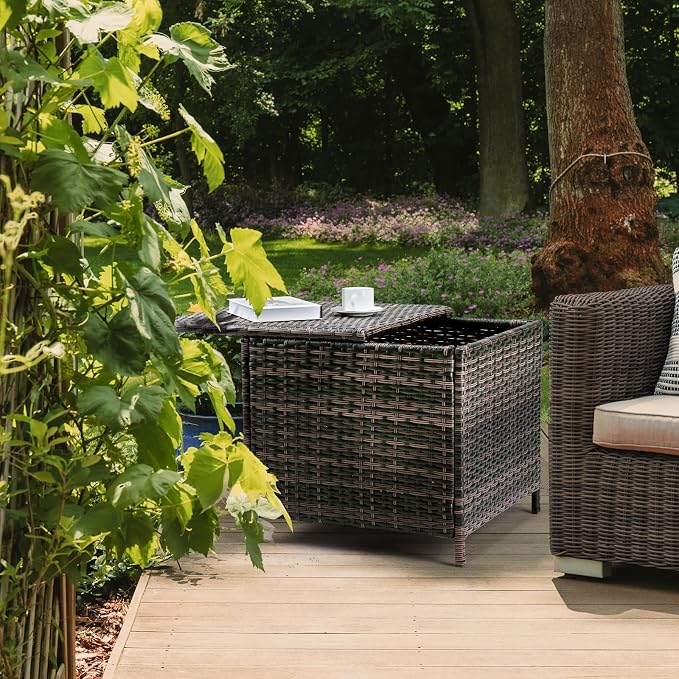 20.8in Outdoor PE Wicker Side Table,Square Patio Rattan End Table,Outside Storage Bin Container,All-Weather Small Storage Box Tables,with Lid,for Garden Porch Poolside Deck Backyard (Brown)
