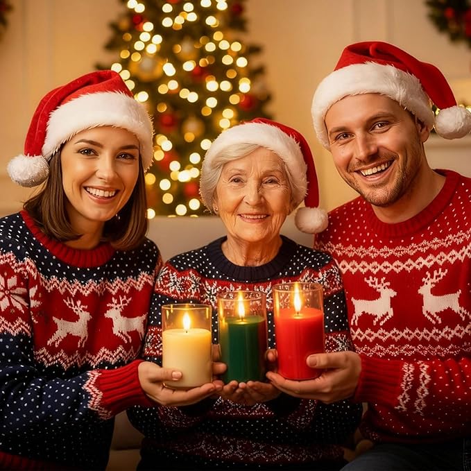 Tuanse 3 Pcs Green and Red Christmas Flameless Pillar Candles with Battery Powered Xmas Mixed Size Color Flickering LED Pillars Lights for Christmas Winter Home Party Decoration