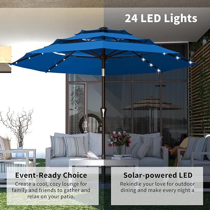 Kingdura 10ft 3-Tier Patio Umbrella with Solar Lights, Table Umbrella Outdoor Patio with Easy Crank & Tilt, 8 Sturdy Ribs, UV Protection, 32 LED Lights for Deck, Poolside, Market (Royal blue)