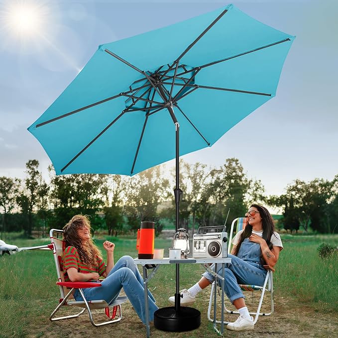 FLAME&SHADE 9ft Patio Umbrella - 2 Tiers Outdoor Umbrella with Push Button Tilt and Crank for UV Protection, Table Market Umbrella for Garden, Deck, Backyard, Pool and Beach(Aqua Blue)