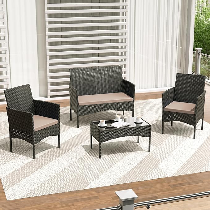 4 Pieces Outdoor Patio Furniture Sets,Wicker Conversation Set with Coffee Table,Loveseat and Wicker Patio Chairs with Soft Cushion for Porch, Garden, Lawn(Sand)