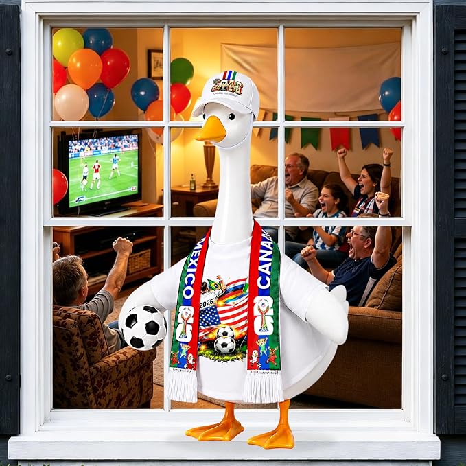 2026 World Soccer Goose Outfit for 23 Inch Porch Statue – Triple Nation Flag Design with Soccer Ball for American Fans, Soccer Party, Sport Season Decor – Outdoor Patio Yard Lawn Art