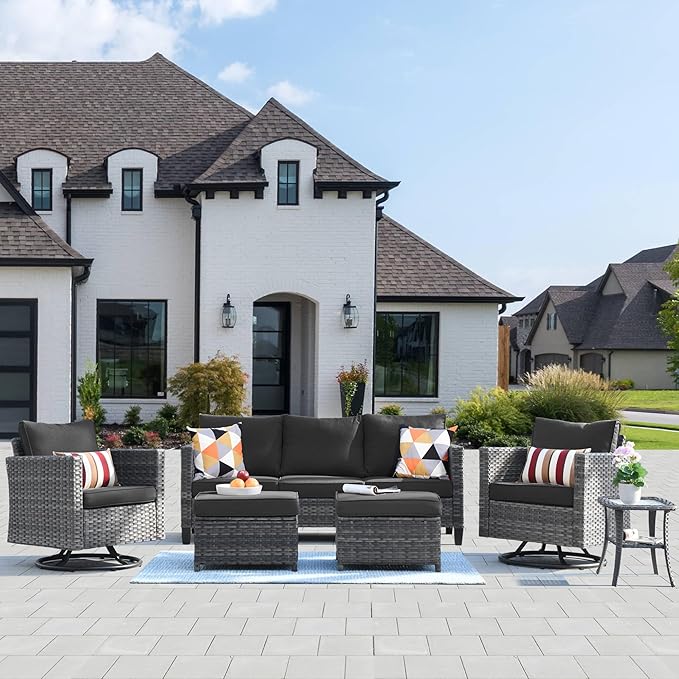 HOOOWOOO Wicker Patio Conversation Sets,6 Piece Outdoor Furniture Set with Swivel Rocking Chairs,All Weather Resistant Modern Outside Out Door Rattan Couch Chairs Side Table Set,Black