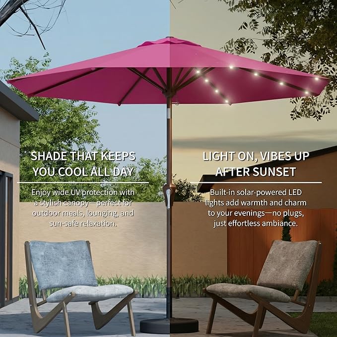 9FT Solar Umbrella 32 LED Lighted Patio Umbrella Table Market Umbrella w/Tilt and Crank, UV-Resistant Outdoor Umbrella for Pool, Garden, Deck, Rose Pink