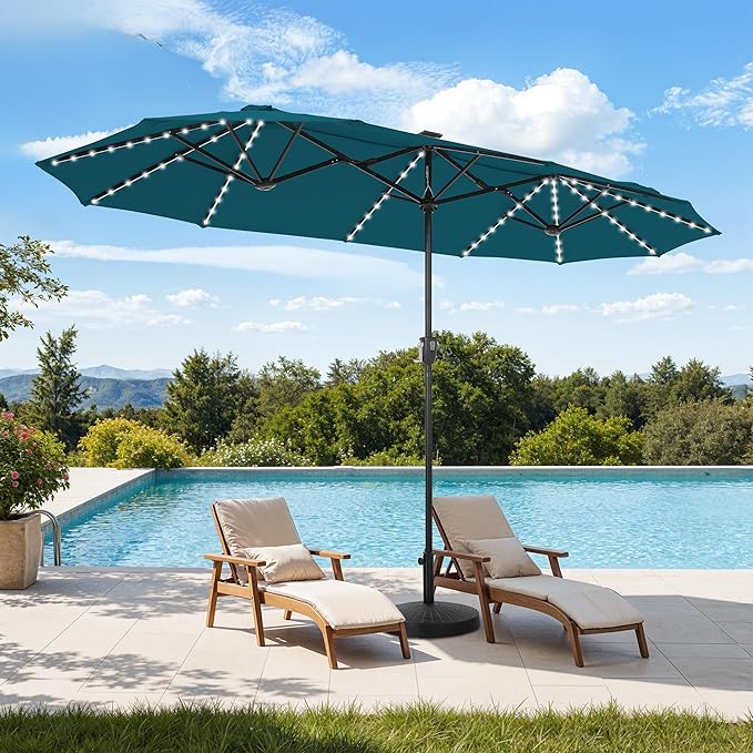 HERA'S PALACE 13ft Patio Umbrella with 120 LED Solar Lights Double Sided Outdoor Umbrella for Patio 8 Colors Changing Table Umbrella Outdoor Patio for Garden Pool