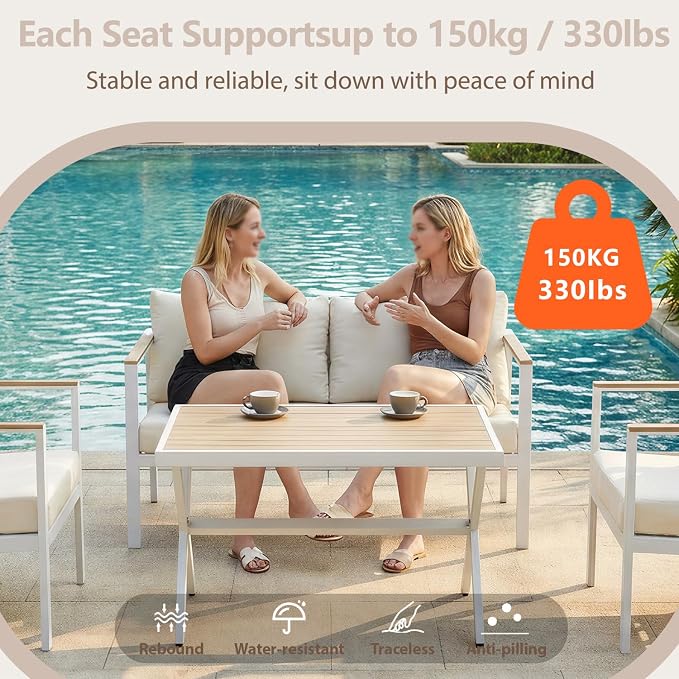 Aluminum Patio Sectional Furniture Set,4 piece Patio Conversation Sets Outdoor Patio Furniture Set Sofa with Coffee Table & Washable Cushions White