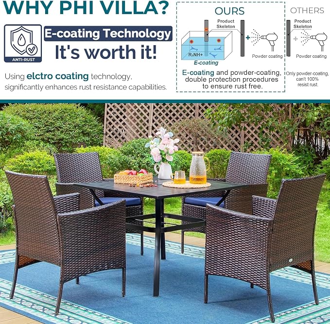 PHI VILLA 5pc Patio Dining Set with Umbrella, Square Table, Rattan Chairs | Outdoor Dining Set for 4, 37" Metal Table & 4 Cushioned Rattan Chairs with Blue Umbrella for Outdoor, Deck, Yard, Porch