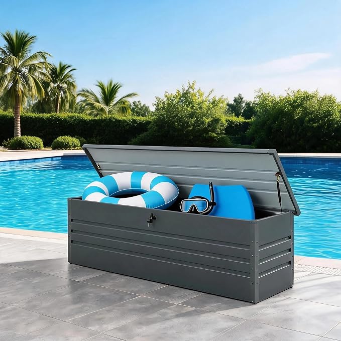 Carbon Black 260Gal Outdoor Storage Container, Metal Deck Box, Multi-Purpose Patio Bench for Pool Supplies, Garden Tools, Cushions