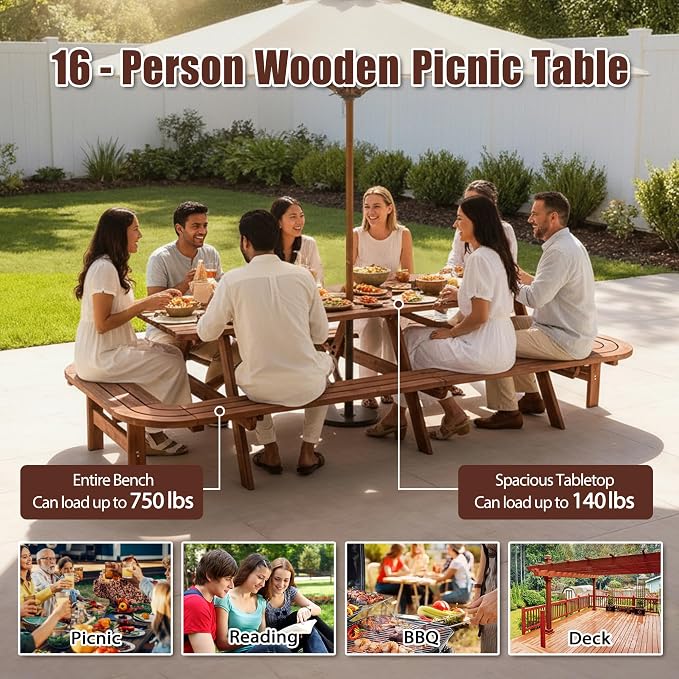 Hohuqeri Picnic Table Bench Set for 16 Persons, 8FT Large Camping Table, Wood Outdoor Dining Beer Table Set with 2” Umbrella Hole for Patio Lawn Garden (Brown)