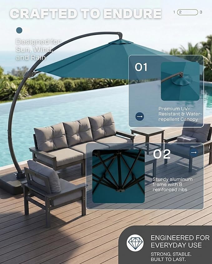 11 FT Cantilever Umbrella with Base Included, Large Round 360° Rotation Offset Umbrella Outdoor Patio, Heavy Duty Aluminum Frame, Sand-Weighted Stand, for Deck, Backyard, Pool, Garden (Lake Blue)