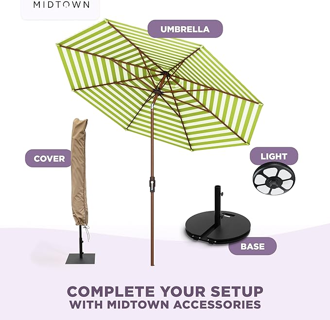 Midtown Umbrellas Wooden 2-9 Ft Patio Umbrella with 360° Swivel & Tilt Mechanism, 8 Fiberglass Ribs & Terylast Polyester Fabric for Deck, Pool, Garden & Porch - Pear Stripes Canopy, Wooden Pole