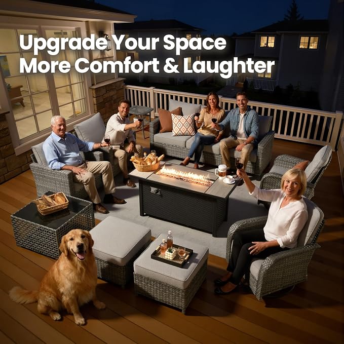 10 Piece Wicker Patio Furniture Set with Firepit, Dark Gray | High Back Swivel Rocker Chairs, 54-inch Fire Pit, Outdoor Sofa Ottoman Solar Lights Table, Conversation Sets, Deck Backyard