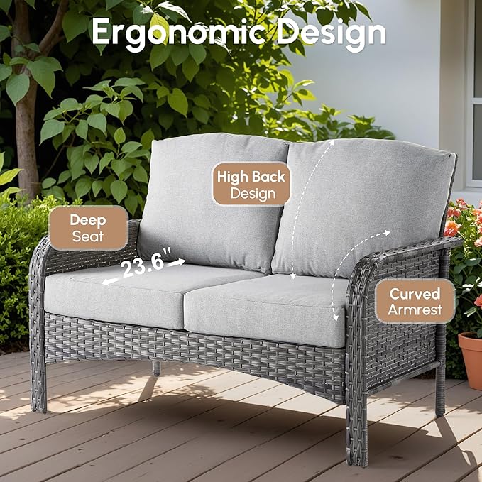 7 PCS Patio Outdoor Furniture Set with Swivel Rocking Chairs,All Weather Wicker Rattan Patio Seating Sofa and Chairs Set,Outdoor Conversaiton Sets for Deck Yard Prrch Garden Poolside,Grey
