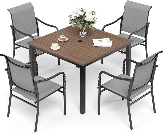 SUNSHINE VALLEY Patio Table and Chairs Set of 4, All-Weather Breathable Textilene Patio Chair with Gourd-Shaped Armrests, 42x42 Wood-Like Table with Umbrella Hole, 5 Pcs Metal Frame Patio Dining Set