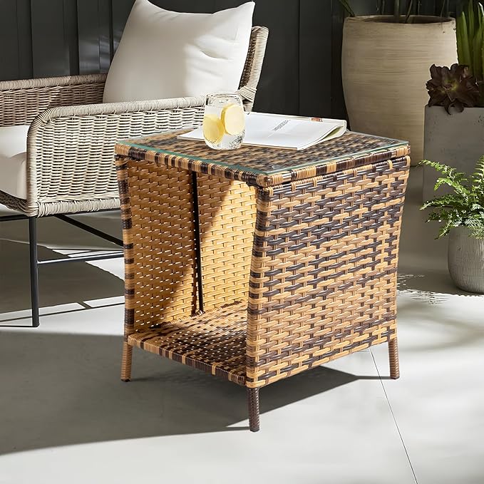 Outdoor Wicker Rattan Side Table, Square Rattan Coffee End Table Patio Wicker Table with Tempered Glass Top and Storage for Patio Garden Balcony (Yellow Gradient)