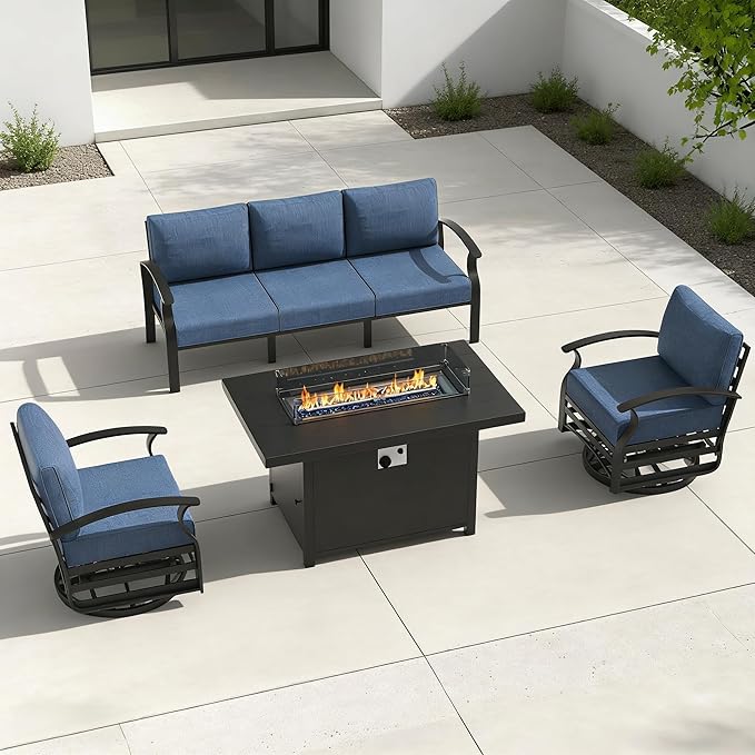 Aluminum Outdoor Patio Furniture Set,4 Pieces 5 Seats Patio Conversation Sets with 45" Propane Fire Pit Table,Metal Patio Sectional Furniture Set with 2 Swivel Rocking Chairs,Navy Blue