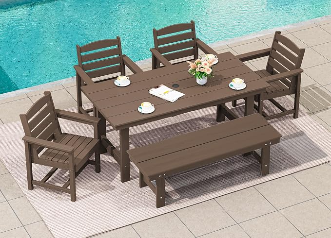 SERWALL 6 Pcs HDPE Dining Set, Includes 1 Table, 1 Bench & 4 Chairs, Coffee | Outdoor Dining Set with Bench, All-Weather Resistant SERWALL Dining Set for patio