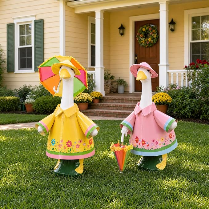 DECOHS 2 Set Raincoat Porch Goose Outfits, Summer Lawn Goose Statue Raincoat Costume, Yard Goose Clothes Raincoats Umbrella Hat Outfit for 23" Statue Patio Garden Decoration (Yellow & Pink)