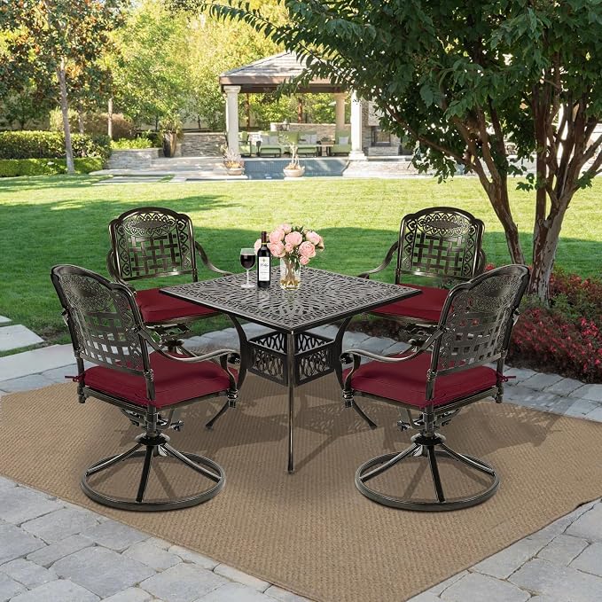 MEETWARM 5-Piece Outdoor Patio Dining Set, All-Weather Cast Aluminum Patio Conversation Set with 4 Cushions Swivel Rocker Chairs for Backyard Garden Deck and 35.4" Square Table, Chili Red