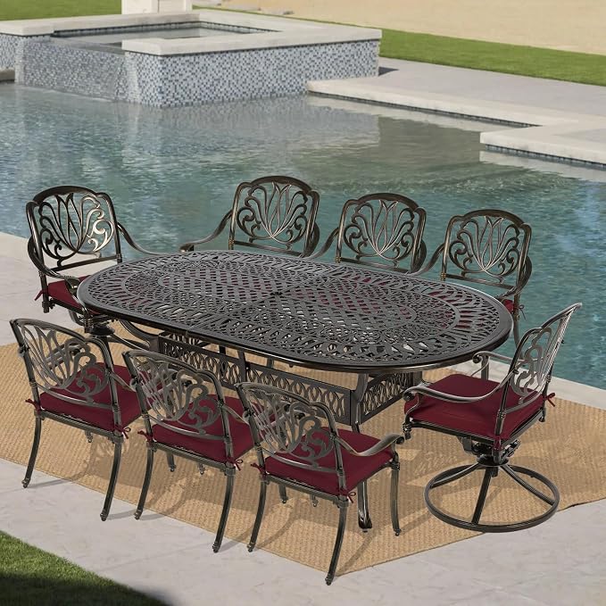 VIVIJASON 9-Piece Outdoor Furniture Dining Set, All-Weather Cast Aluminum Patio Conversation Set, Include 6 Stationary Chairs, 2 Swivel Dining Chairs and an Oval Table with Umbrella Hole, Red Cushion