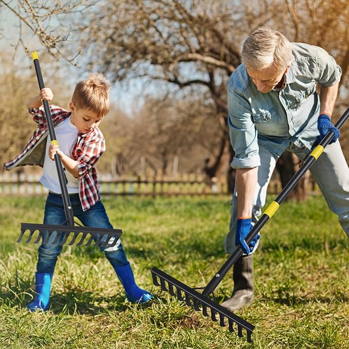 Bow Rake, 78" Heavy Duty Garden Tools Lawn Leveling Rake with Long Handle, 12 Tines Garden Tools Metal Head for Loosening Soil, Cleaning the Leaves and Weeding Control, Leaf, Thatch, Landscape Tools