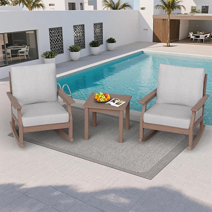 HDPE Patio Conversation Set, 3-Piece All Weather Outdoor Furniture Set with 2 Rocking Sofas for Deck, Lawn, with Cushion, Brown