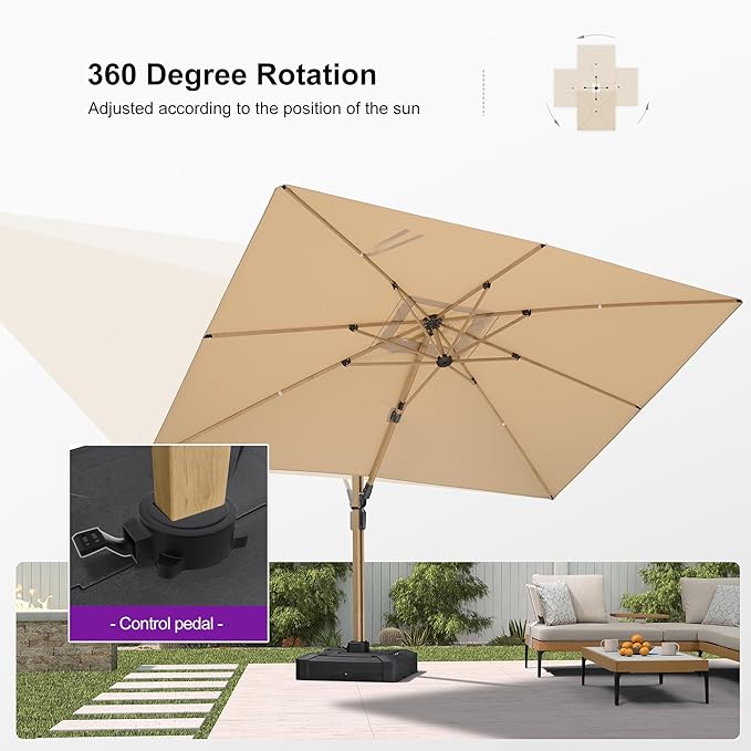 PURPLE LEAF 9' x 12' Rectangle Patio Cantilever Umbrella Large Hanging Umbrella Teak Finished Aluminum Frame Windproof Offset Outdoor Sun Umbrellas for Beach Pool Deck, Beige