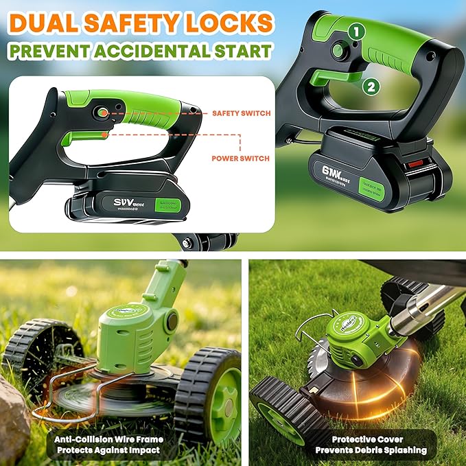Cordless Electric Weed Wacker with Wheels, 3-in-1 Grass Trimmer & Brush Cutter & Lawn Edger, 3 Types Blade, 2X2000mAh Batteries, Lightweight String Trimmer for Garden and Yard Lawn, Gifts for Seniors
