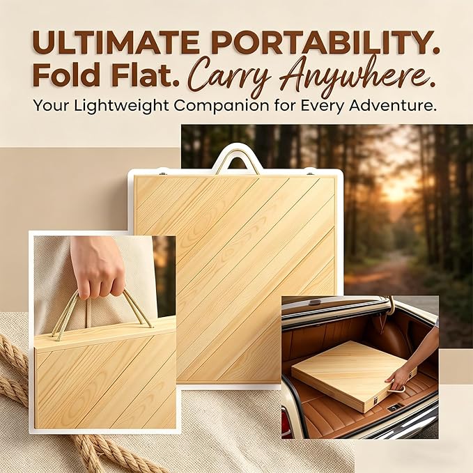 60" x 30" Foldable Wooden Picnic Table, Natural Solid Wood Table | Portable with Carry Handle, Tool-Free Assembly, For Beach, Camping, Living Room, Includes Table Runner