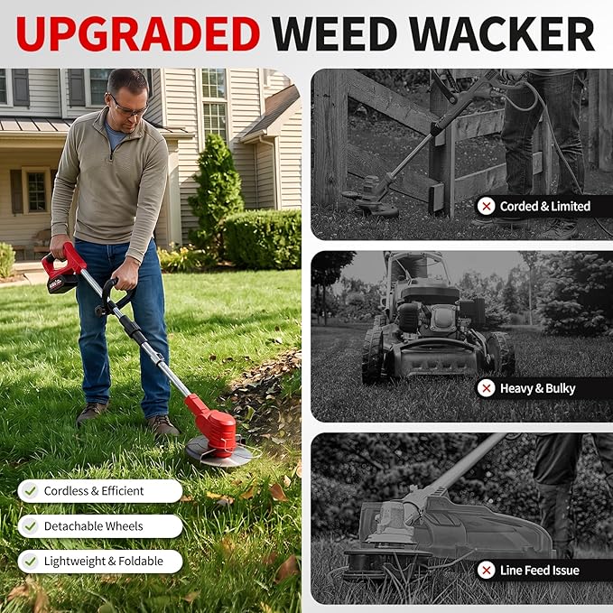 FULLYEA Electric Weed Wacker Cordless, Foldable Grass Trimmer with 2*4.0Ah Batteries & Charger, Brush Cutter Battery Powered with 3 Types Blades, Lawn Mover Lightweight Weed Eater for Lawn Yard Garden