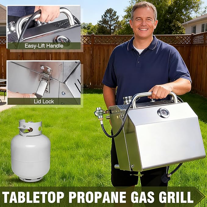 Bestfire Tabletop Propane Gas Grill 2 Burners- Dual Connections, 20,000 BTUs Stainless Steel Portable Grill Fits Large Gas Cylinders and Small Canisters for Outdoor Camping and RV Trips